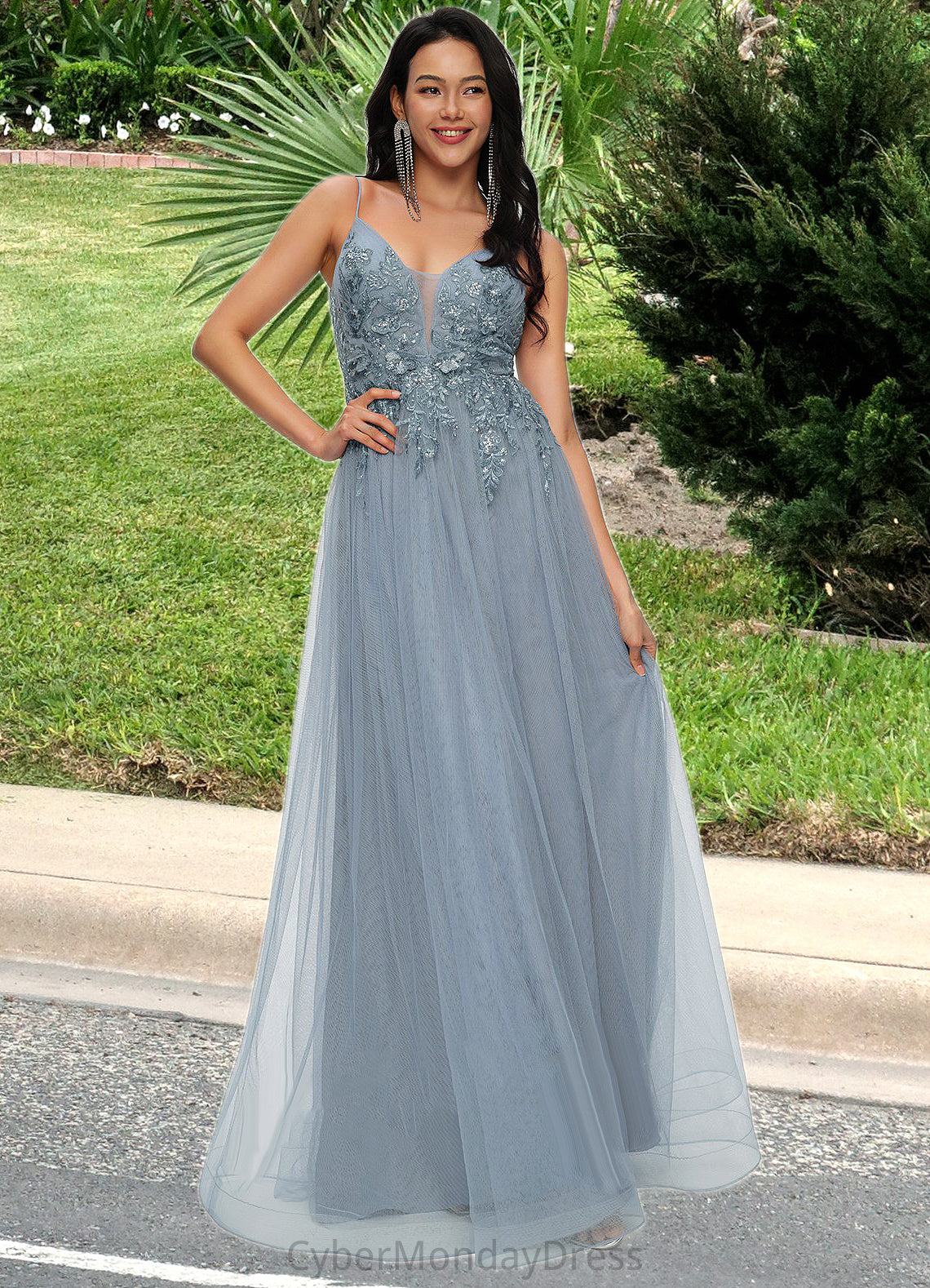 Athena A-line V-Neck Floor-Length Tulle Prom Dresses With Appliques Lace Sequins DTP0022223