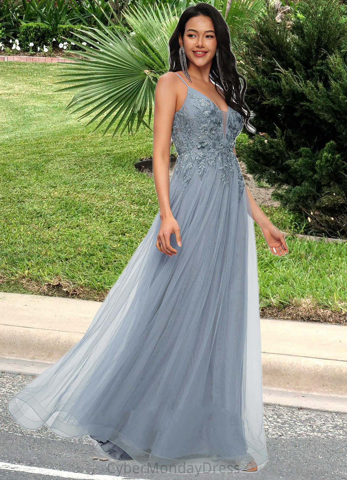 Athena A-line V-Neck Floor-Length Tulle Prom Dresses With Appliques Lace Sequins DTP0022223