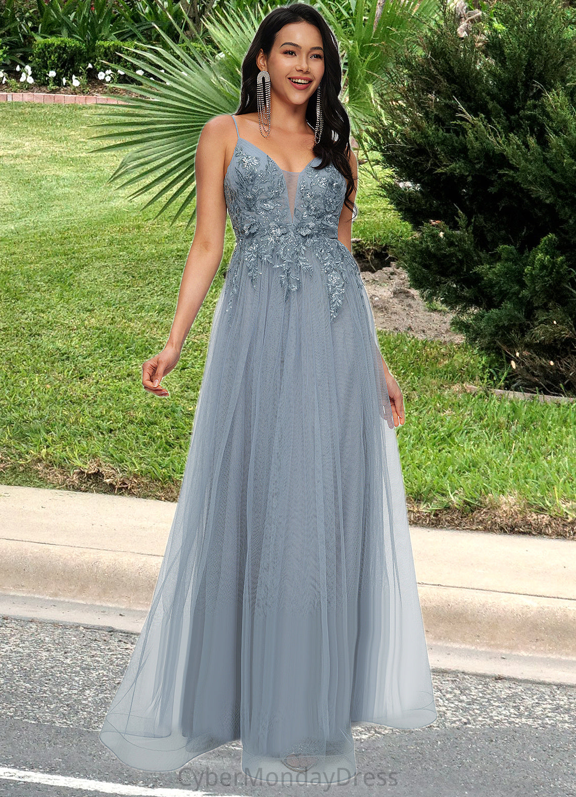 Athena A-line V-Neck Floor-Length Tulle Prom Dresses With Appliques Lace Sequins DTP0022223