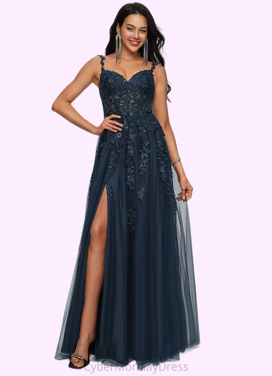 Payten A-line V-Neck Floor-Length Tulle Prom Dresses With Sequins DTP0022224