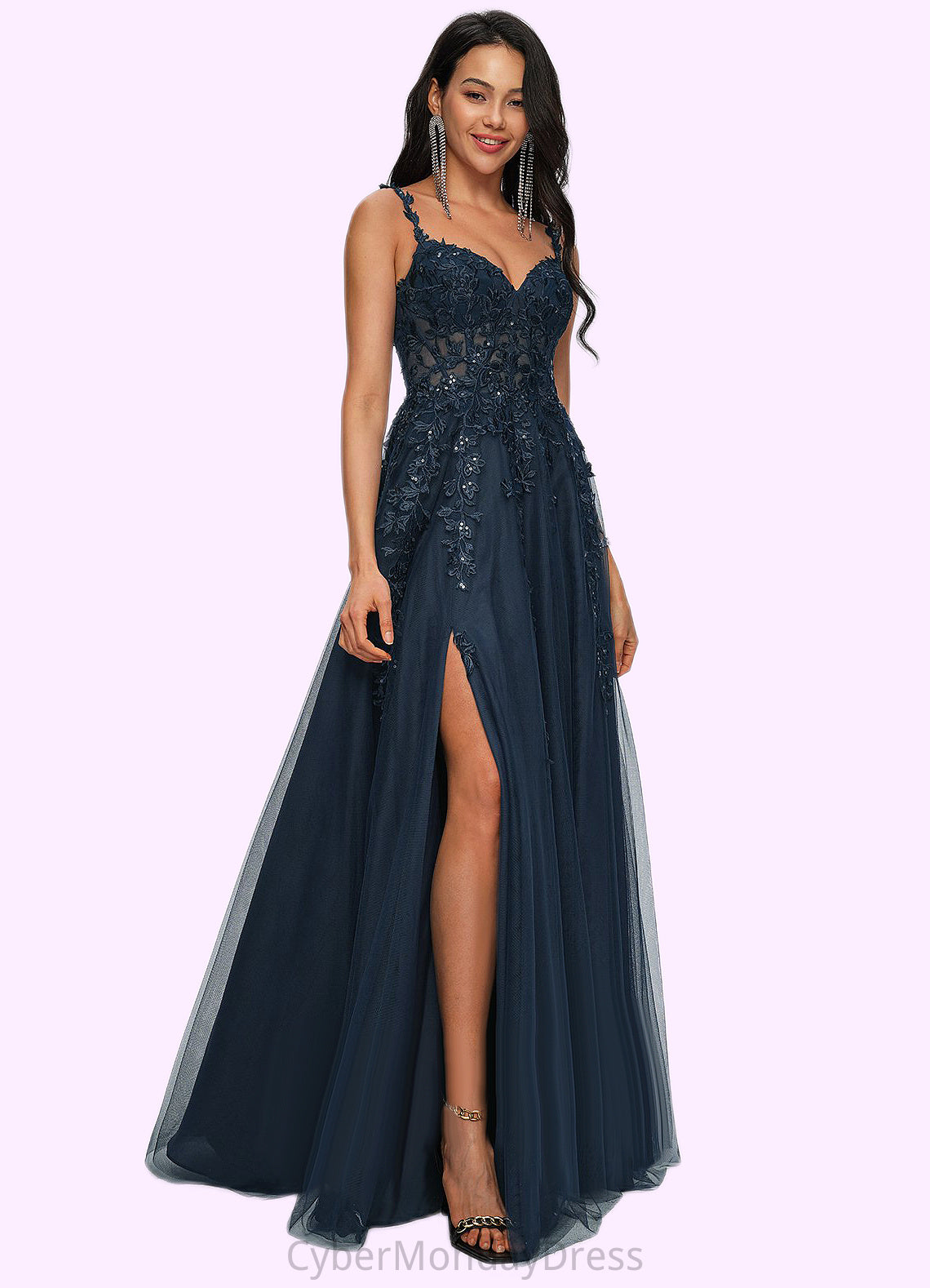 Payten A-line V-Neck Floor-Length Tulle Prom Dresses With Sequins DTP0022224