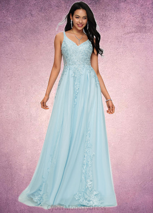 Sydnee A-line V-Neck Floor-Length Tulle Prom Dresses With Rhinestone Appliques Lace Sequins DTP0022225