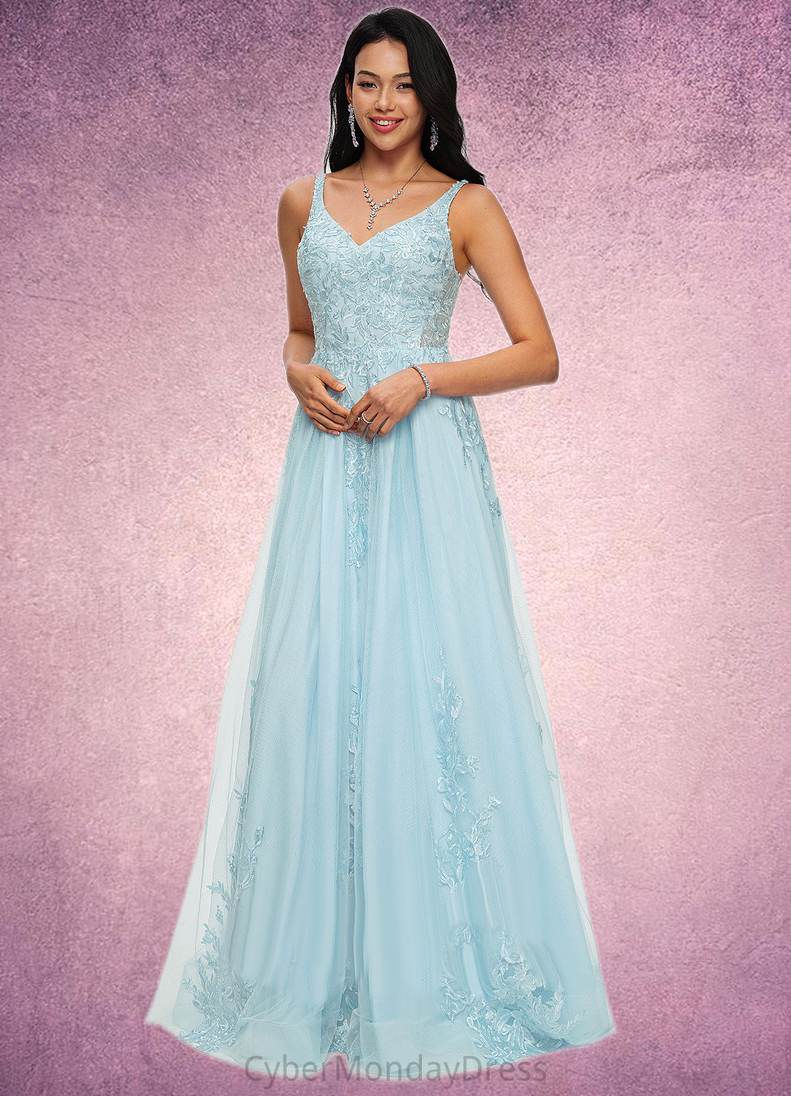 Sydnee A-line V-Neck Floor-Length Tulle Prom Dresses With Rhinestone Appliques Lace Sequins DTP0022225