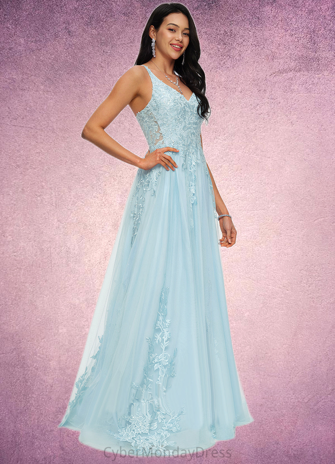 Sydnee A-line V-Neck Floor-Length Tulle Prom Dresses With Rhinestone Appliques Lace Sequins DTP0022225