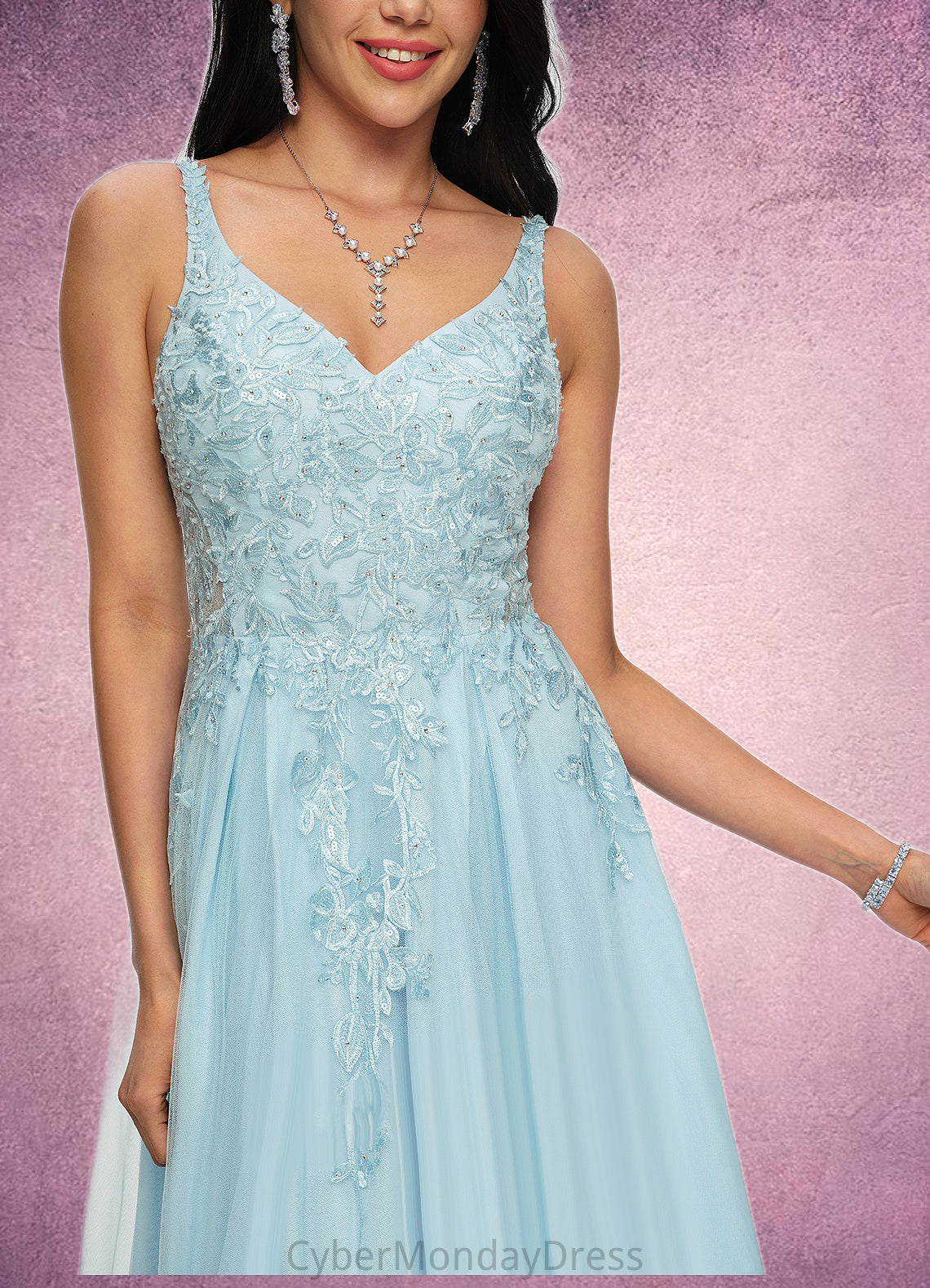 Sydnee A-line V-Neck Floor-Length Tulle Prom Dresses With Rhinestone Appliques Lace Sequins DTP0022225