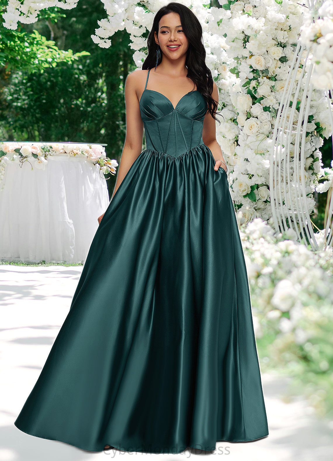 Kristen Ball-Gown/Princess V-Neck Floor-Length Satin Prom Dresses With Pleated DTP0022230