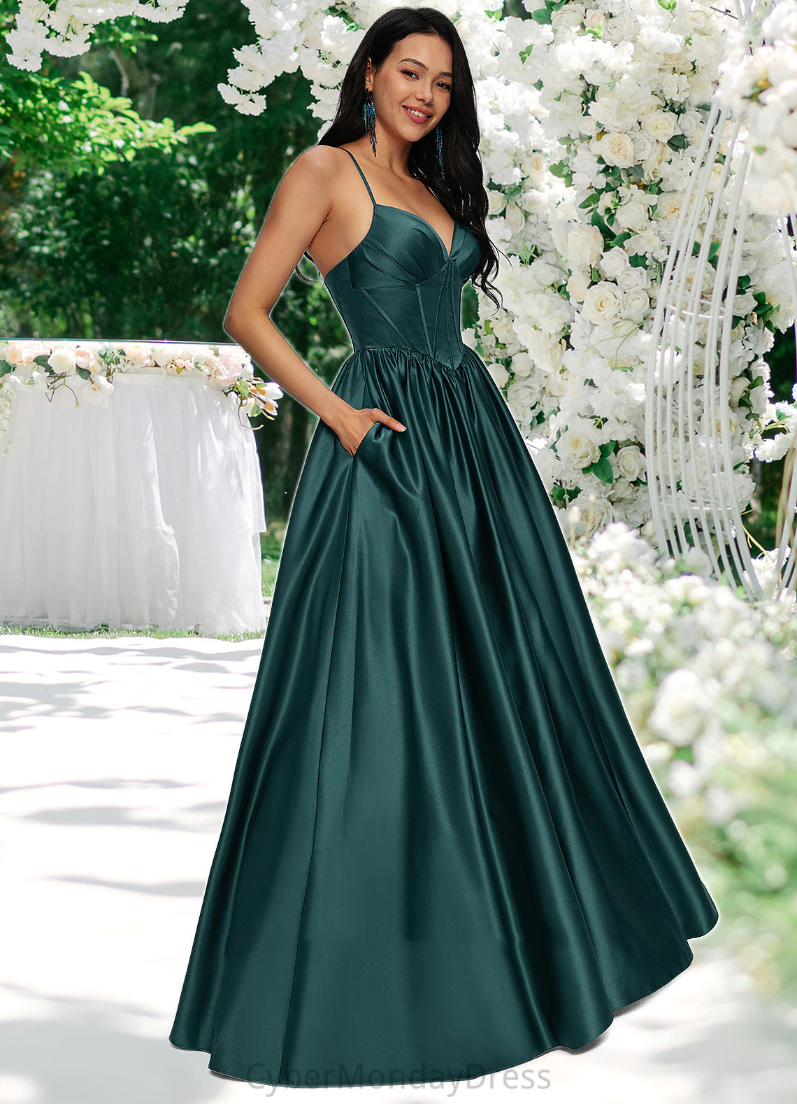 Kristen Ball-Gown/Princess V-Neck Floor-Length Satin Prom Dresses With Pleated DTP0022230