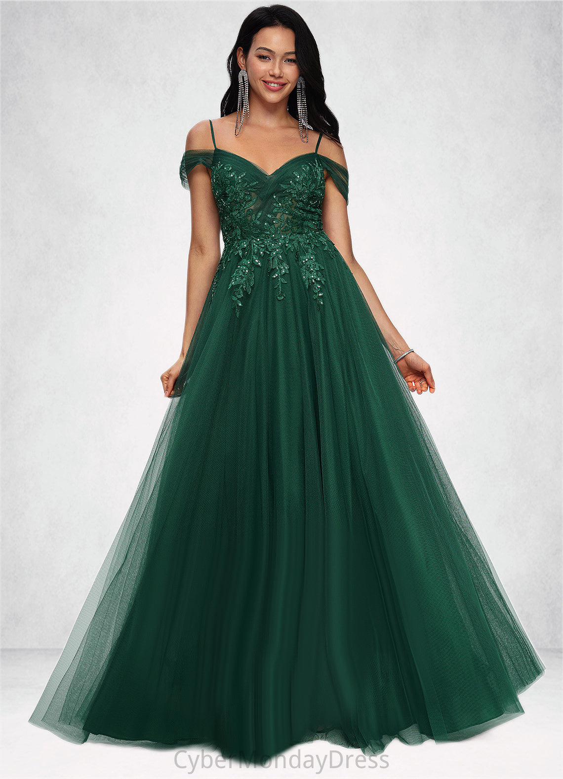 Anika A-line Off the Shoulder Floor-Length Tulle Prom Dresses With Appliques Lace Sequins DTP0022231