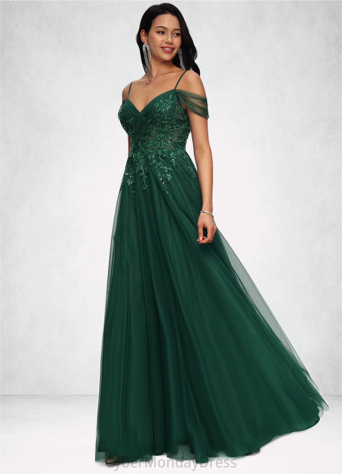 Anika A-line Off the Shoulder Floor-Length Tulle Prom Dresses With Appliques Lace Sequins DTP0022231