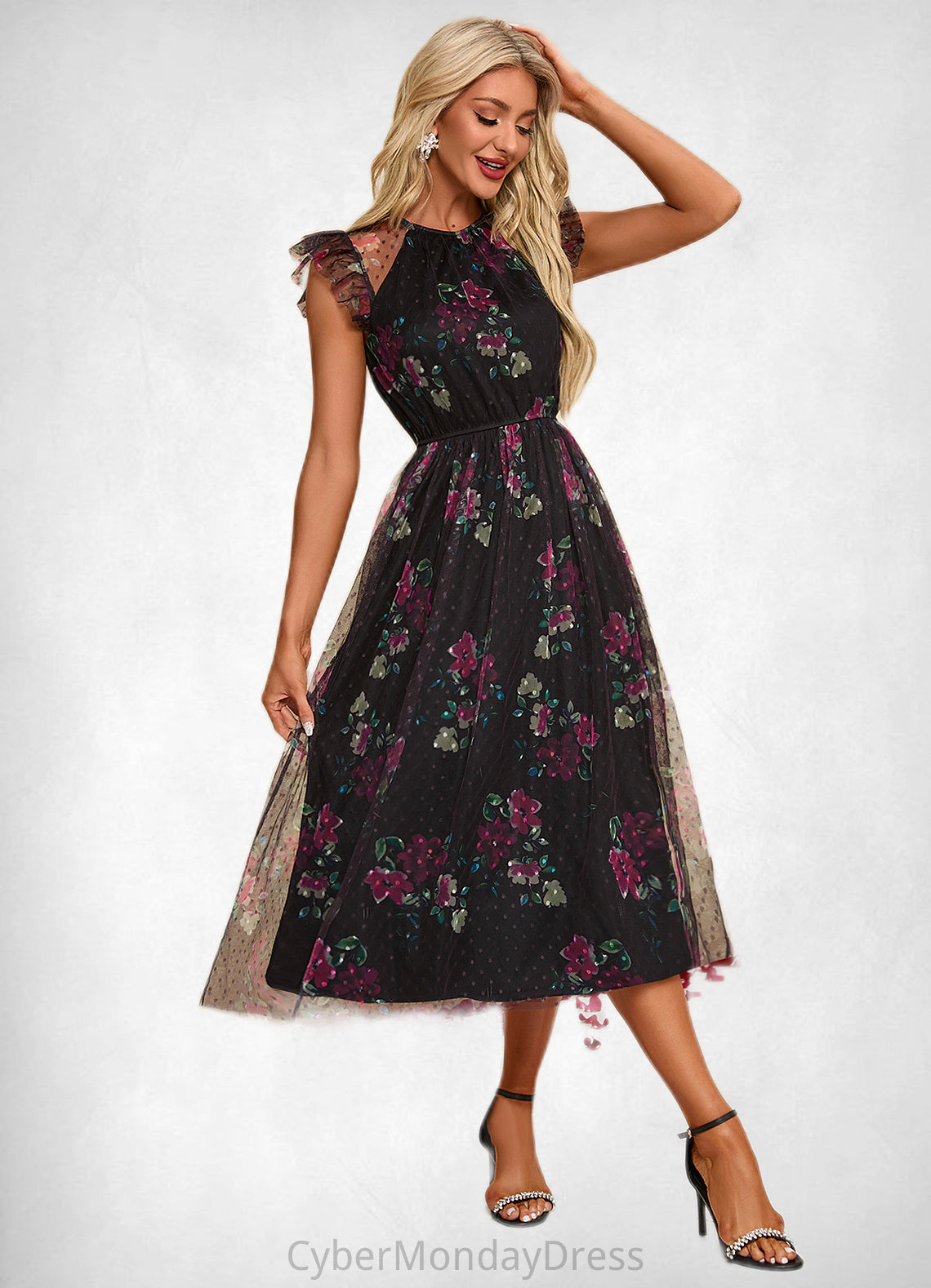 Kirsten Floral Print Scoop Elegant A-line Tulle Midi Dresses DTP0022277