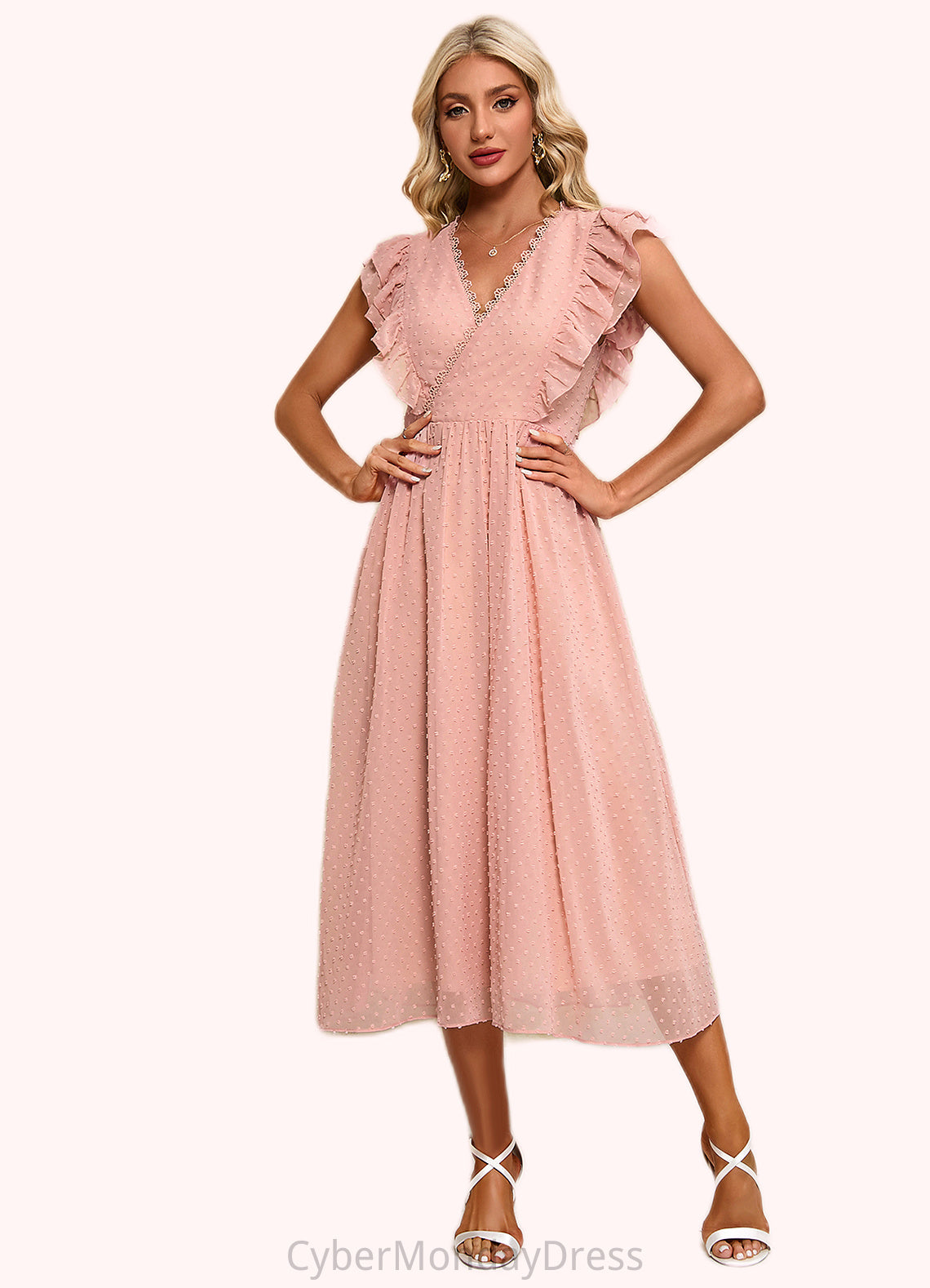 Sidney Jacquard V-Neck Elegant A-line Chiffon Midi Dresses DTP0022278