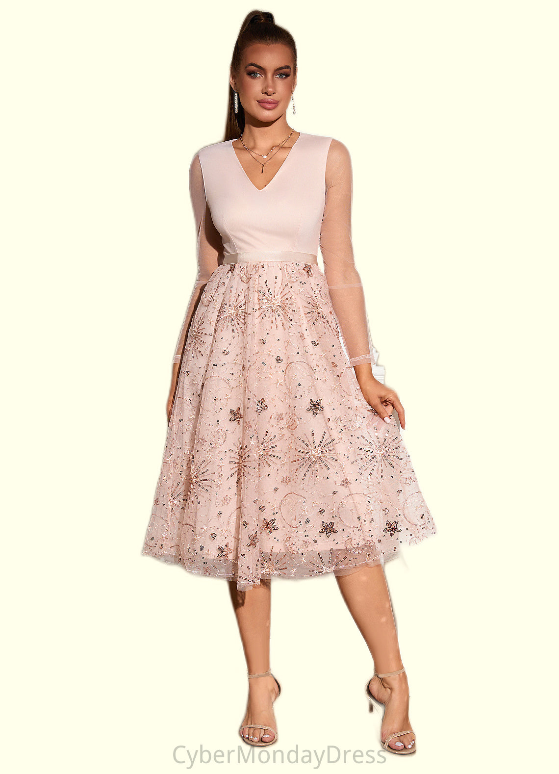 Jordan Sequins V-Neck Elegant A-line Tulle Midi Dresses DTP0022314