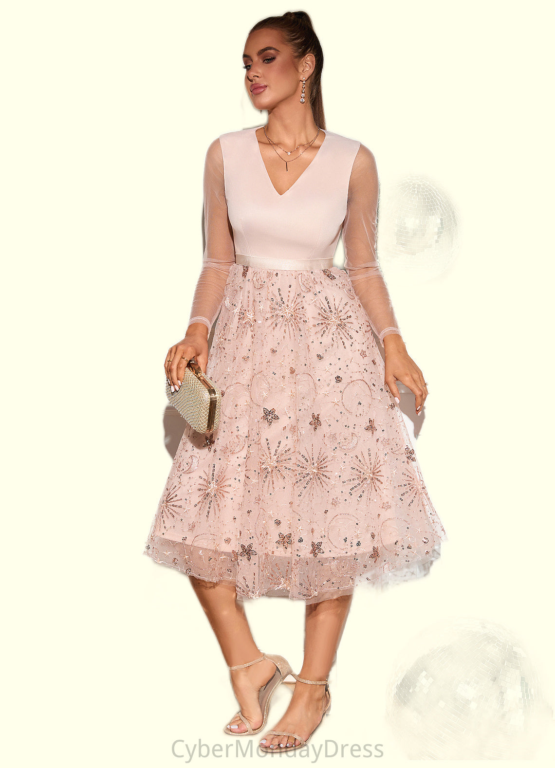 Jordan Sequins V-Neck Elegant A-line Tulle Midi Dresses DTP0022314