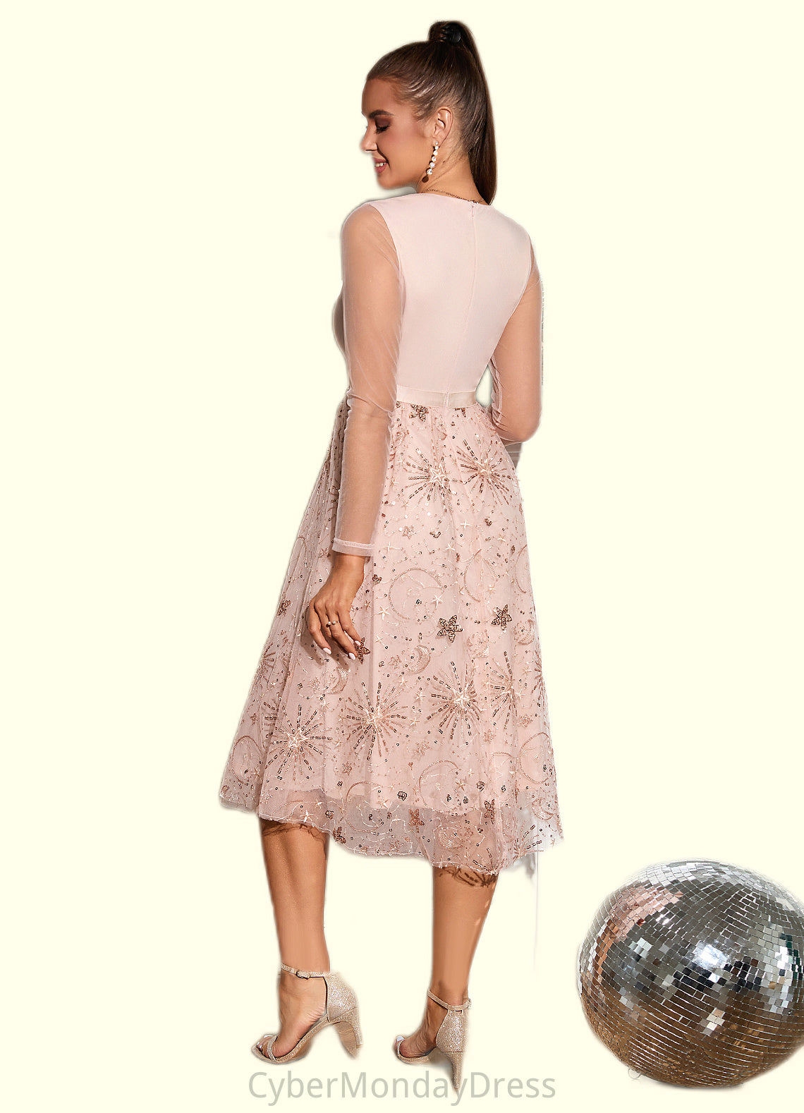 Jordan Sequins V-Neck Elegant A-line Tulle Midi Dresses DTP0022314