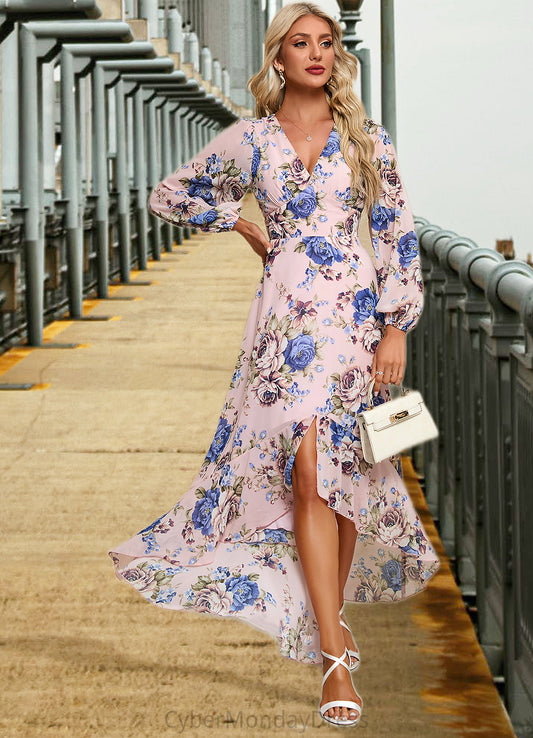 Arianna Ruffle Floral Print V-Neck Elegant A-line Chiffon Asymmetrical Dresses DTP0022327