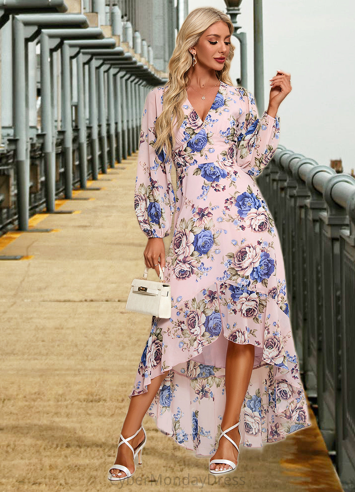 Arianna Ruffle Floral Print V-Neck Elegant A-line Chiffon Asymmetrical Dresses DTP0022327