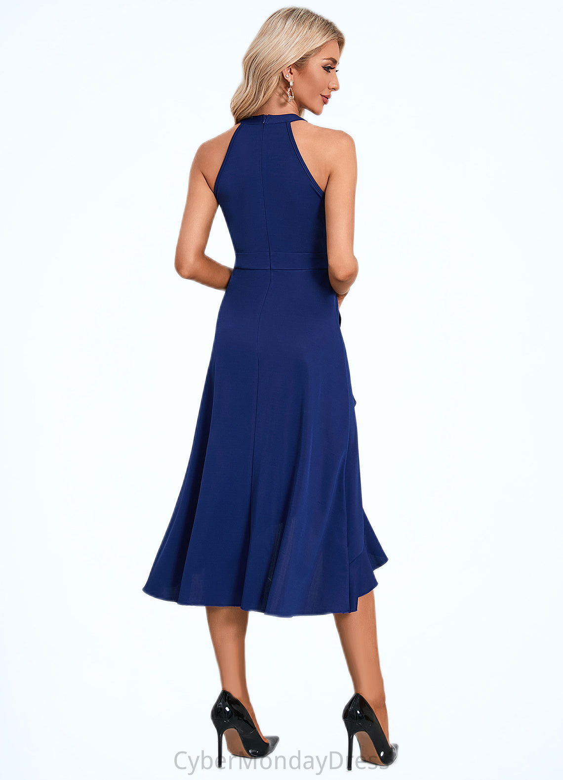 Daniella Cascading Ruffles High Neck Elegant A-line Cotton Blends Asymmetrical Midi Dresses DTP0022353