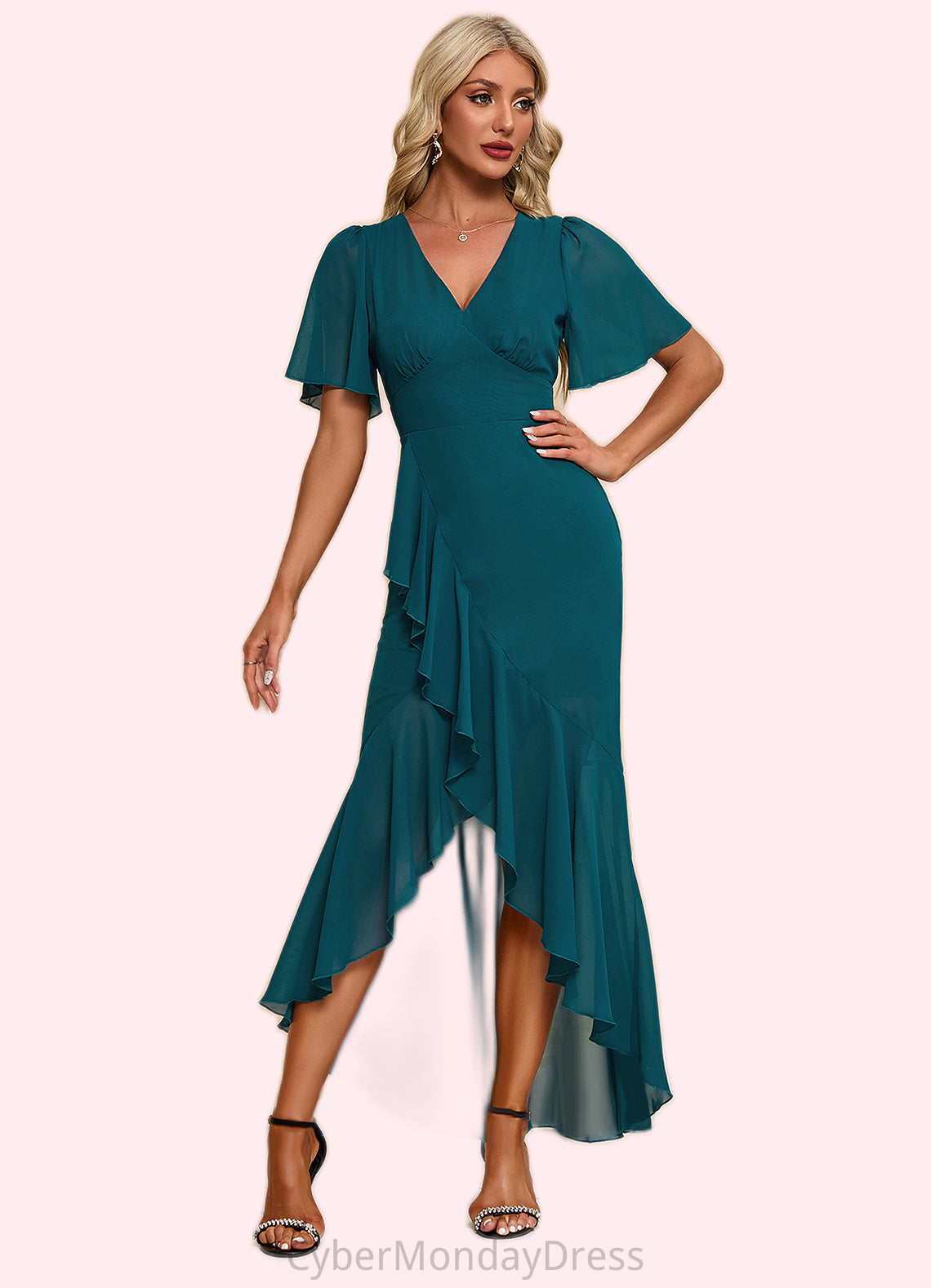 Margery Ruffle V-Neck Elegant Trumpet/Mermaid Chiffon Asymmetrical Dresses DTP0022358