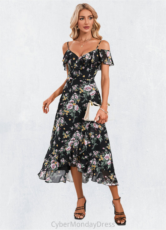 Desirae Floral Print Cold Shoulder Elegant A-line Chiffon Asymmetrical Dresses DTP0022369