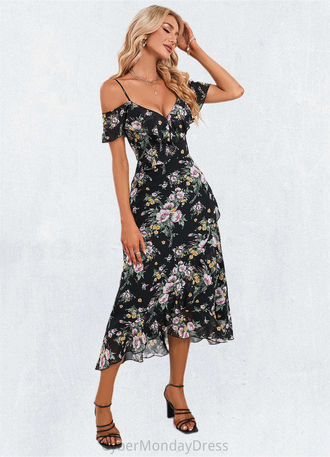 Desirae Floral Print Cold Shoulder Elegant A-line Chiffon Asymmetrical Dresses DTP0022369