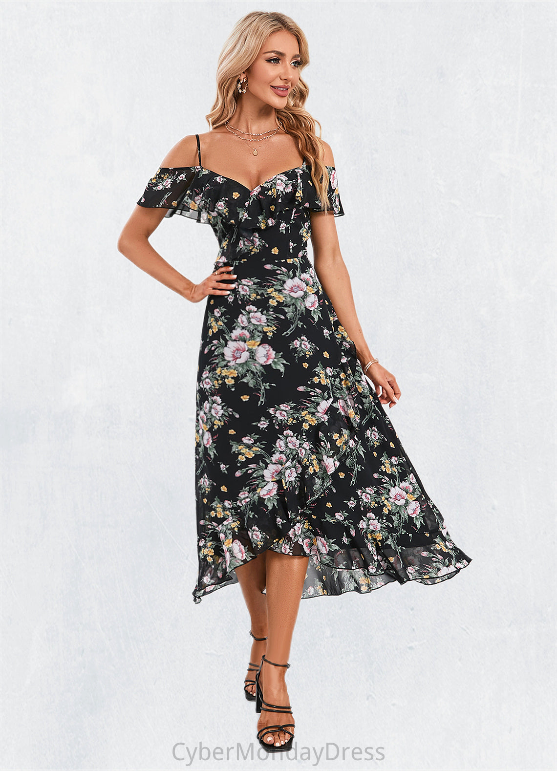 Desirae Floral Print Cold Shoulder Elegant A-line Chiffon Asymmetrical Dresses DTP0022369