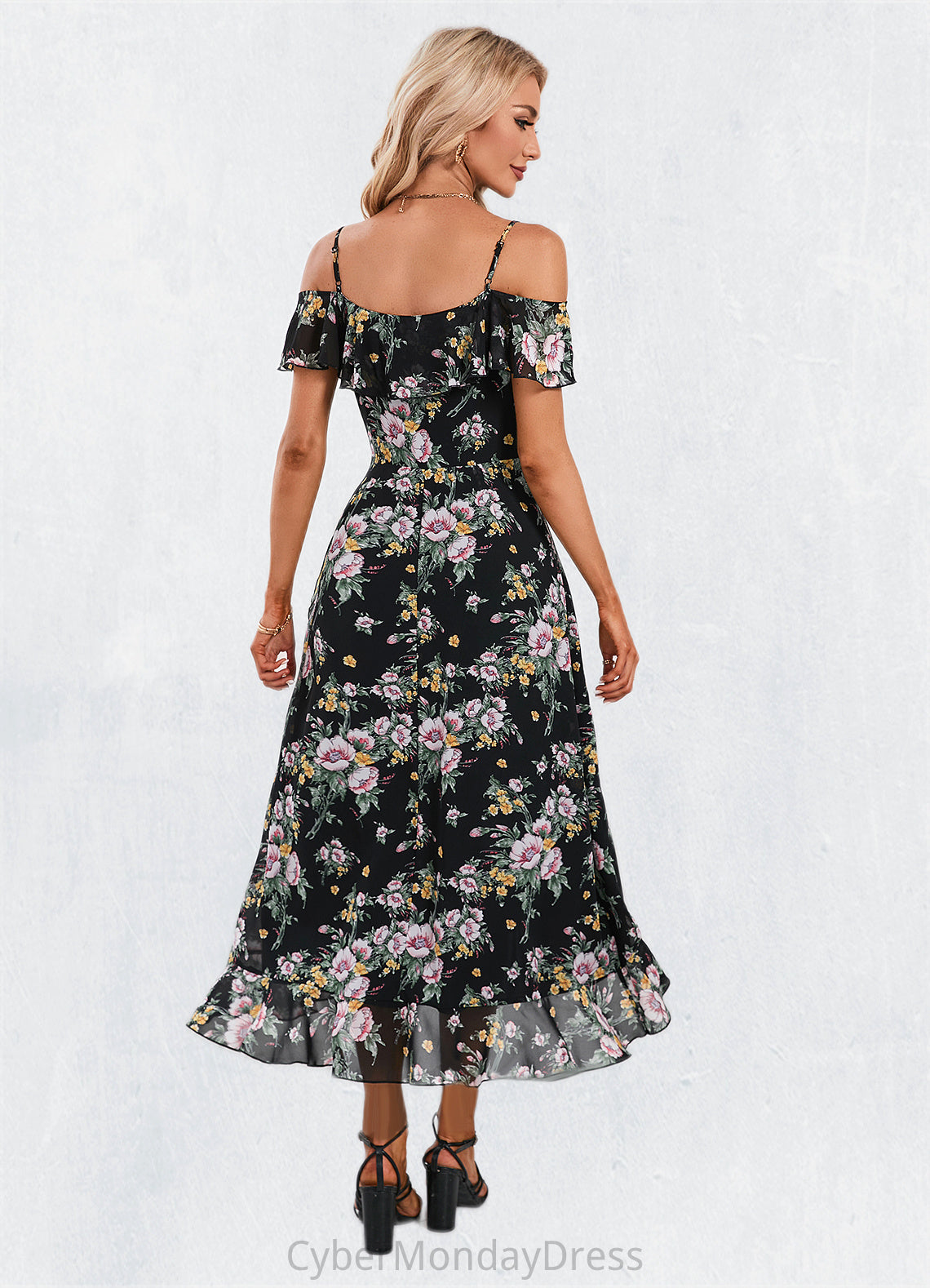 Desirae Floral Print Cold Shoulder Elegant A-line Chiffon Asymmetrical Dresses DTP0022369