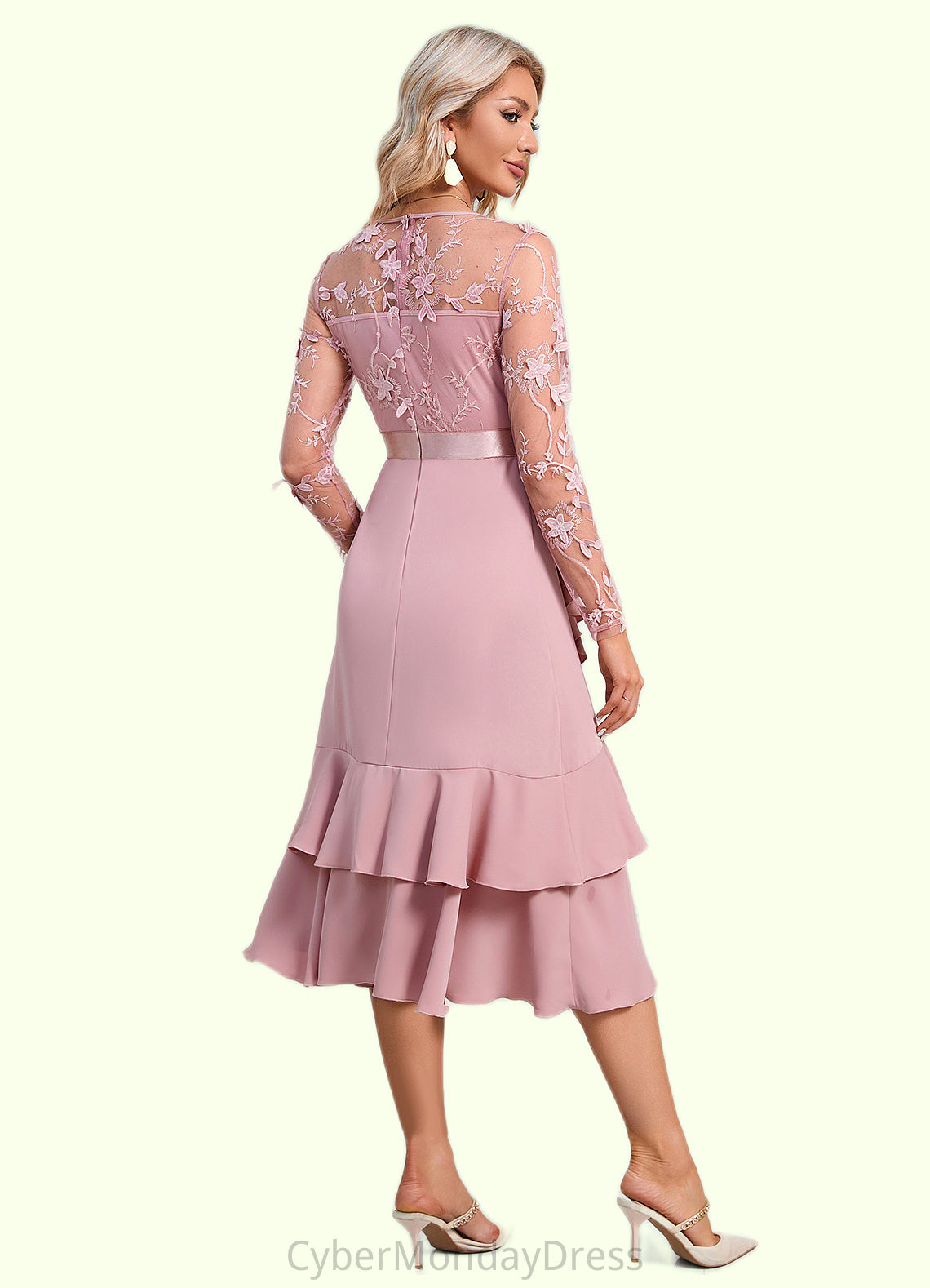 Akira Flower Cascading Ruffles Illusion Elegant A-line Jacquard Asymmetrical Dresses DTP0022393