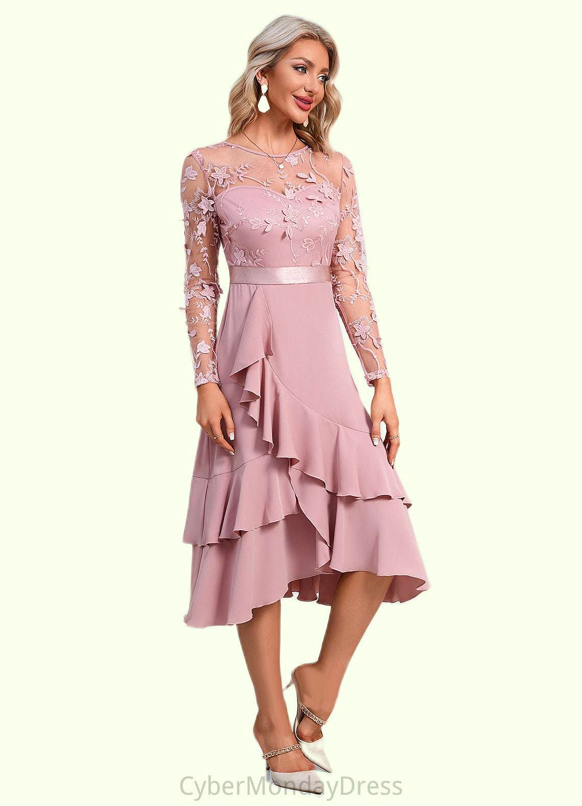 Akira Flower Cascading Ruffles Illusion Elegant A-line Jacquard Asymmetrical Dresses DTP0022393