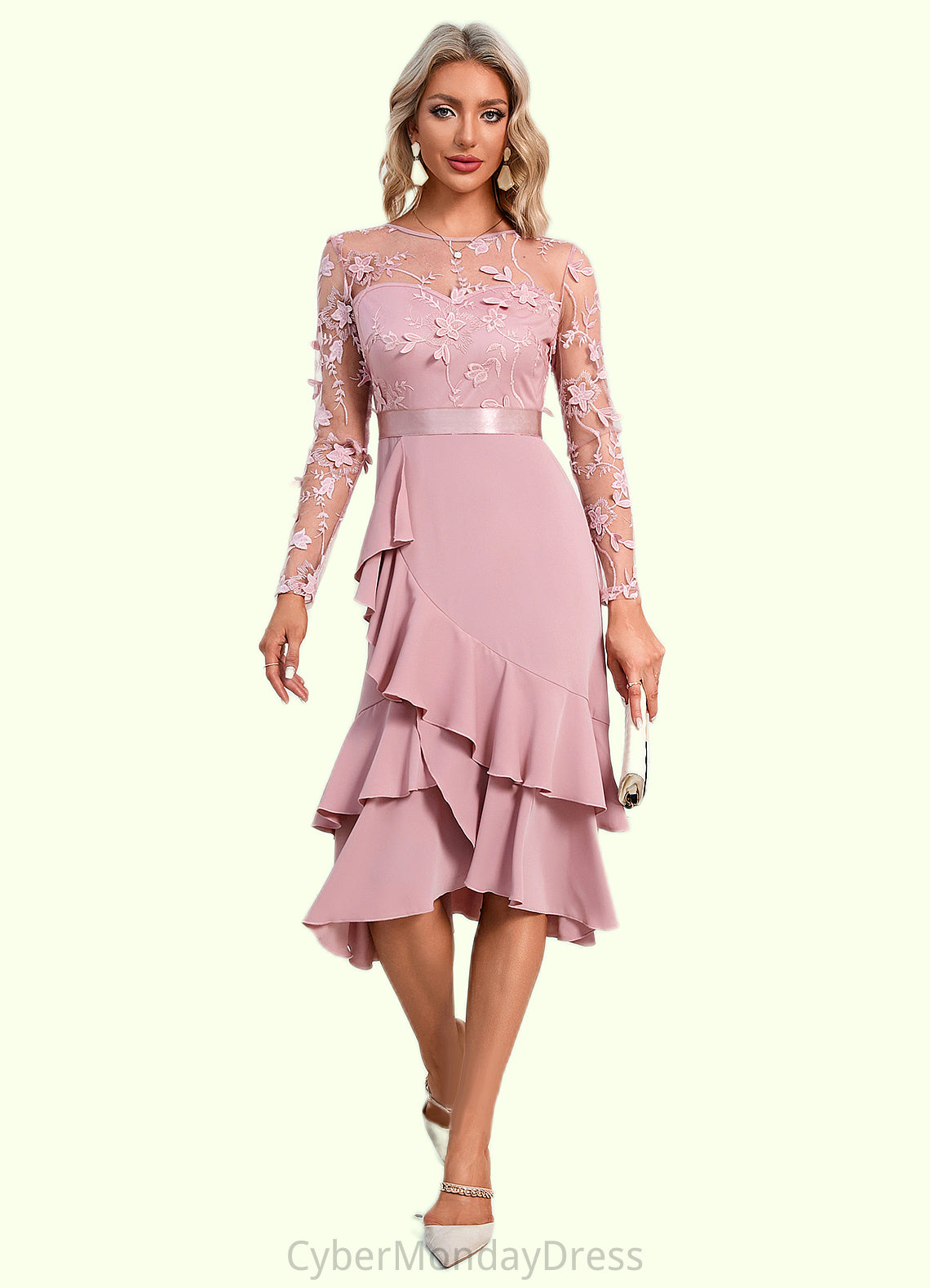 Akira Flower Cascading Ruffles Illusion Elegant A-line Jacquard Asymmetrical Dresses DTP0022393