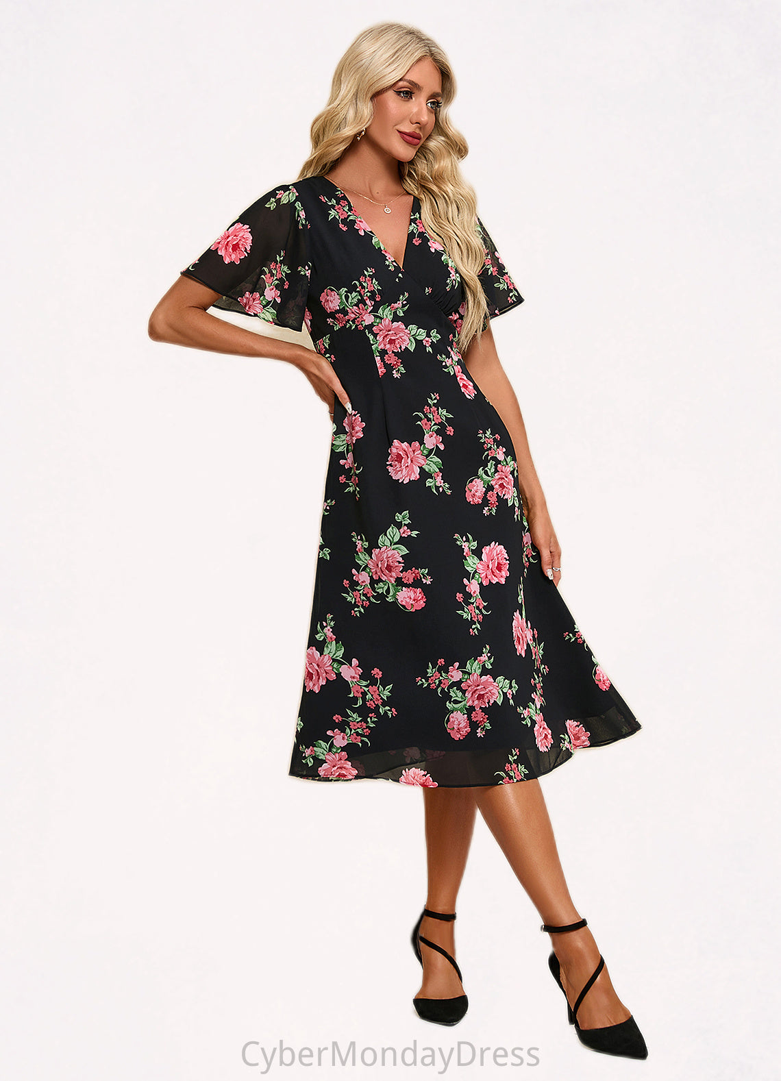 Myah Floral Print V-Neck Elegant A-line Chiffon Midi Dresses DTP0022424