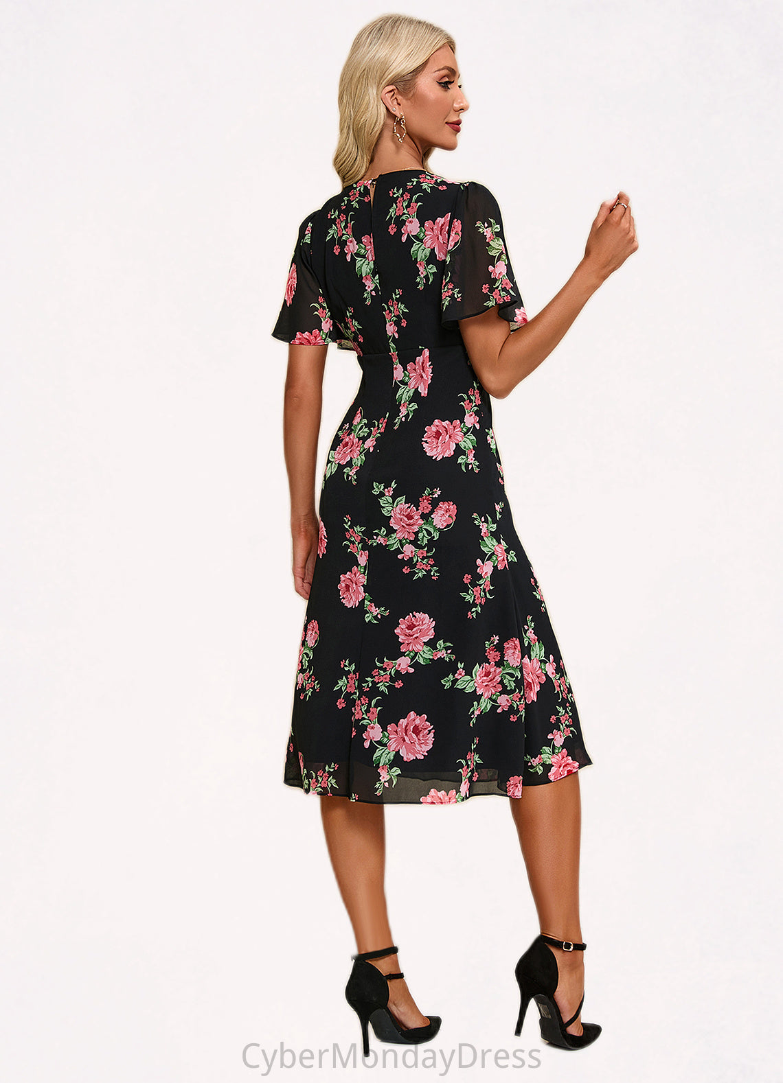 Myah Floral Print V-Neck Elegant A-line Chiffon Midi Dresses DTP0022424