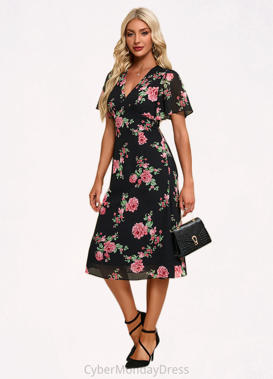 Myah Floral Print V-Neck Elegant A-line Chiffon Midi Dresses DTP0022424