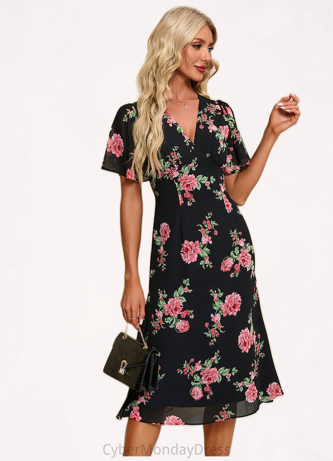 Myah Floral Print V-Neck Elegant A-line Chiffon Midi Dresses DTP0022424