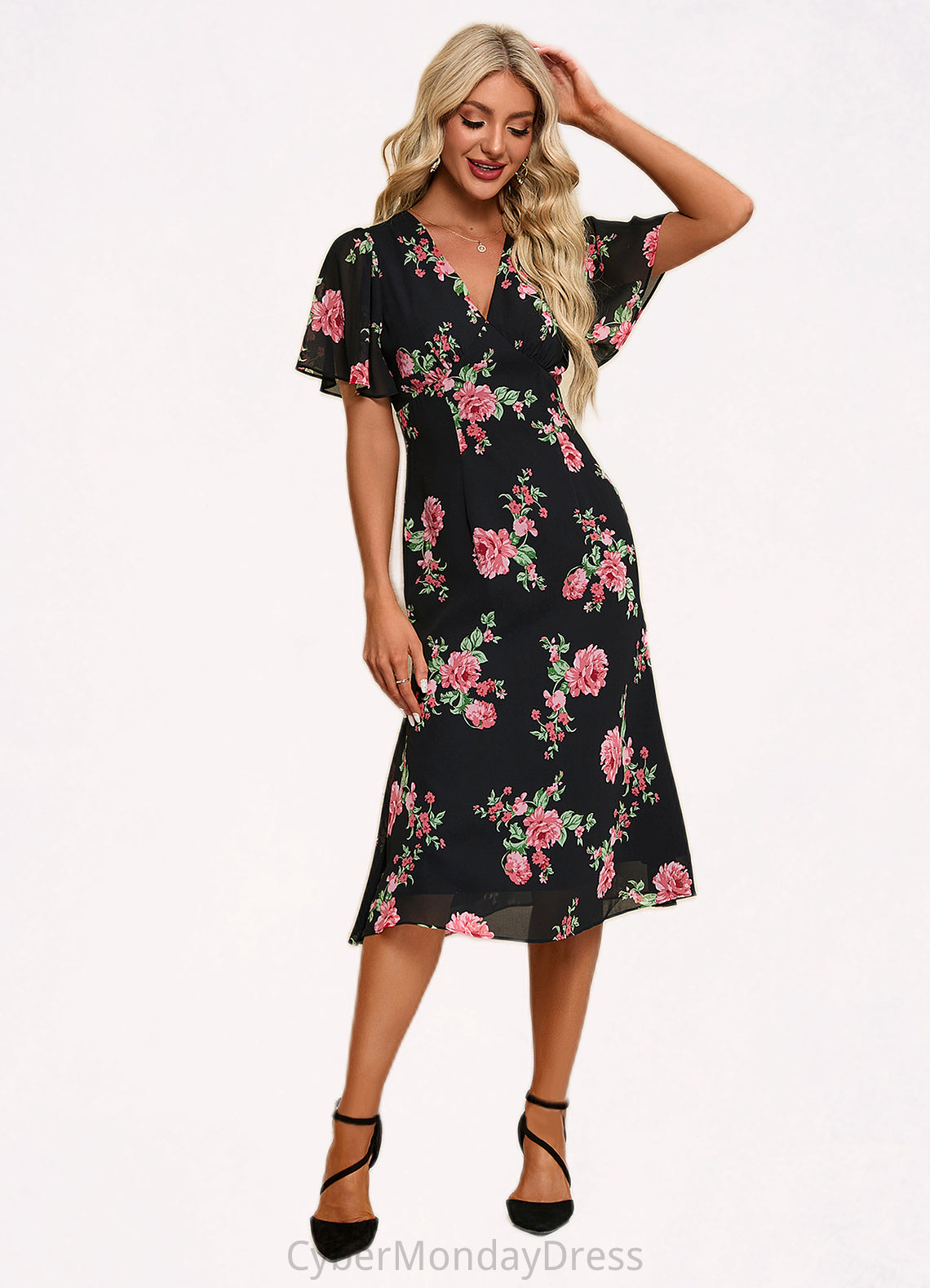 Myah Floral Print V-Neck Elegant A-line Chiffon Midi Dresses DTP0022424