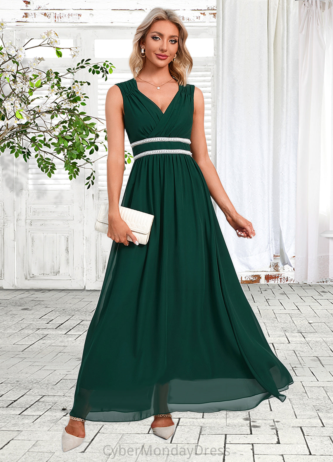 Lea Beading Ruffle V-Neck Elegant A-line Chiffon Maxi Dresses DTP0022431