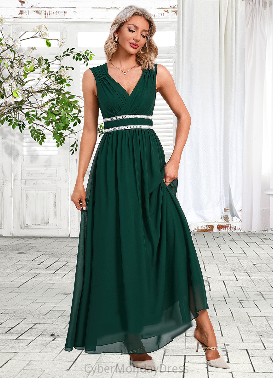 Lea Beading Ruffle V-Neck Elegant A-line Chiffon Maxi Dresses DTP0022431