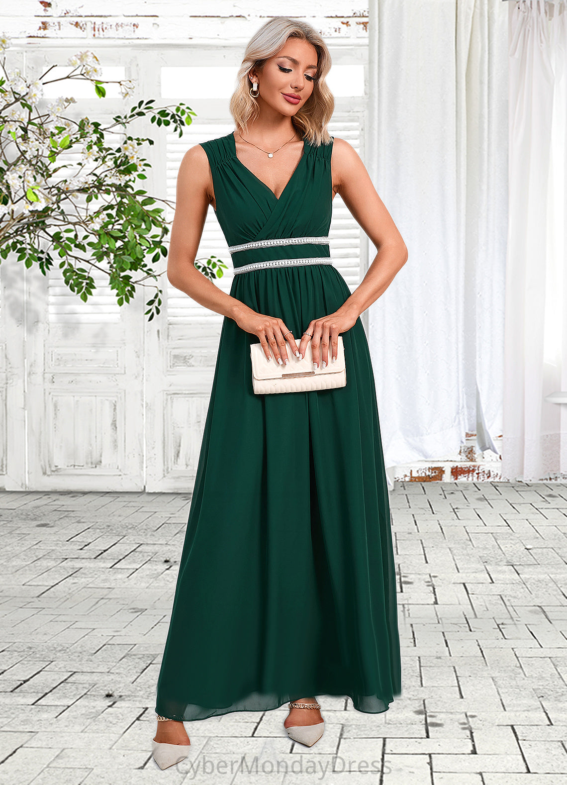 Lea Beading Ruffle V-Neck Elegant A-line Chiffon Maxi Dresses DTP0022431