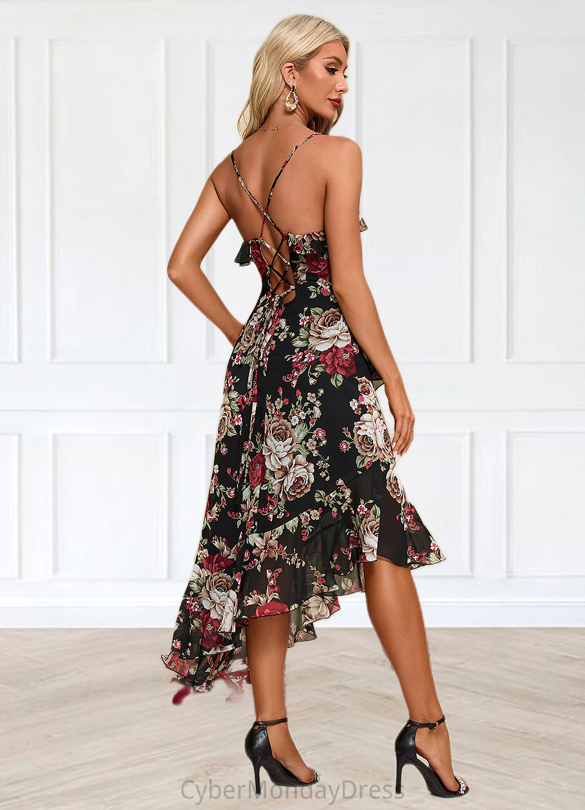 Nadia Ruffle Floral Print V-Neck Elegant A-line Chiffon Asymmetrical Dresses DTP0022447