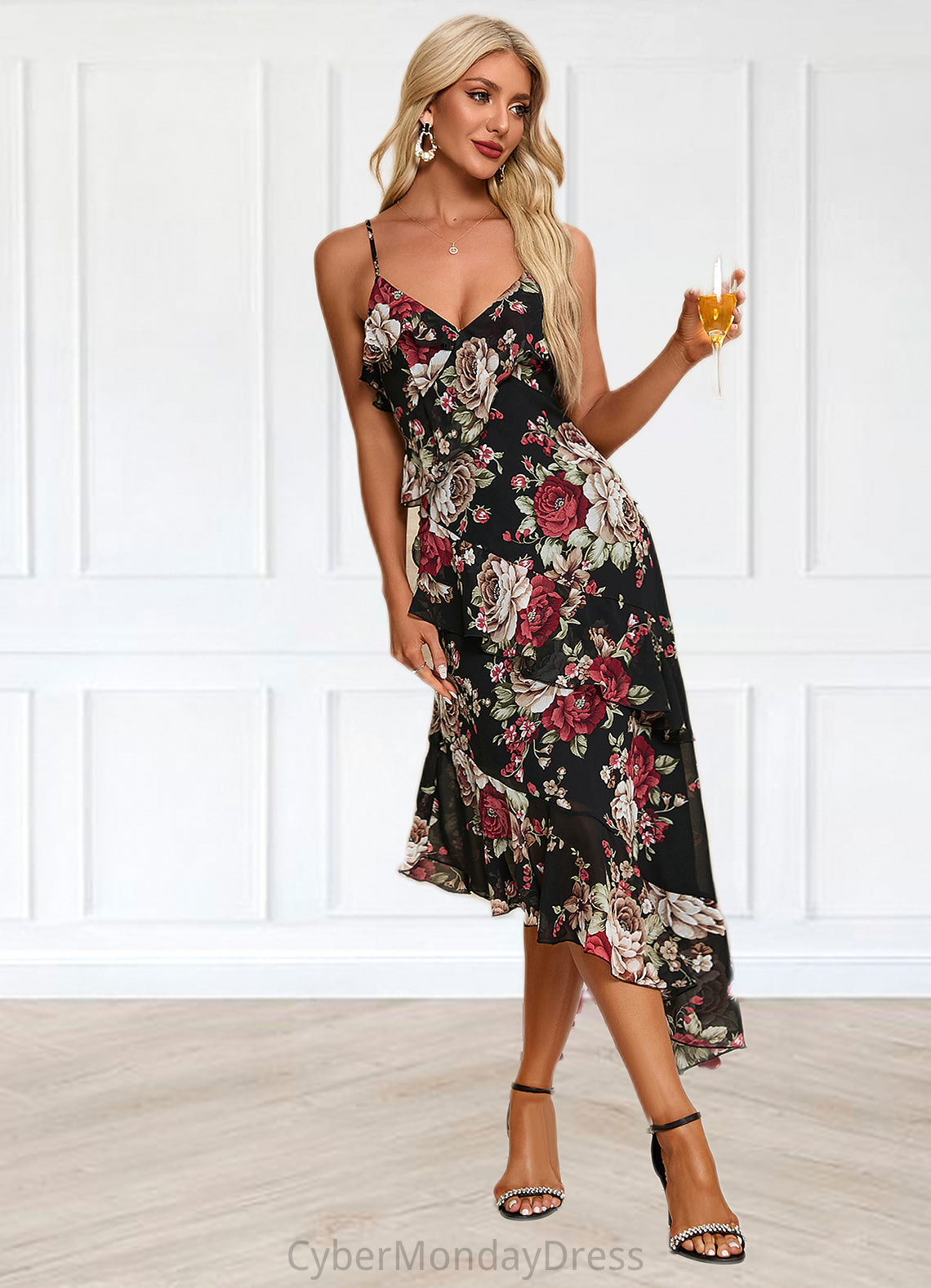 Nadia Ruffle Floral Print V-Neck Elegant A-line Chiffon Asymmetrical Dresses DTP0022447