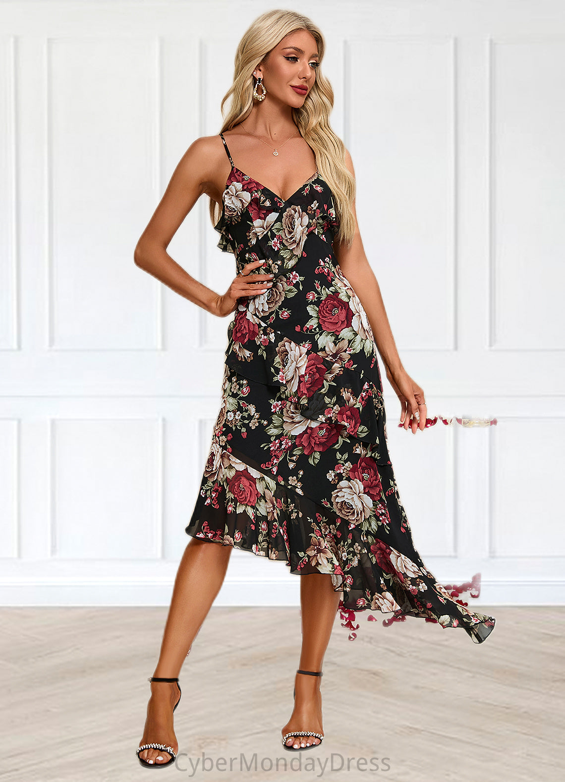 Nadia Ruffle Floral Print V-Neck Elegant A-line Chiffon Asymmetrical Dresses DTP0022447