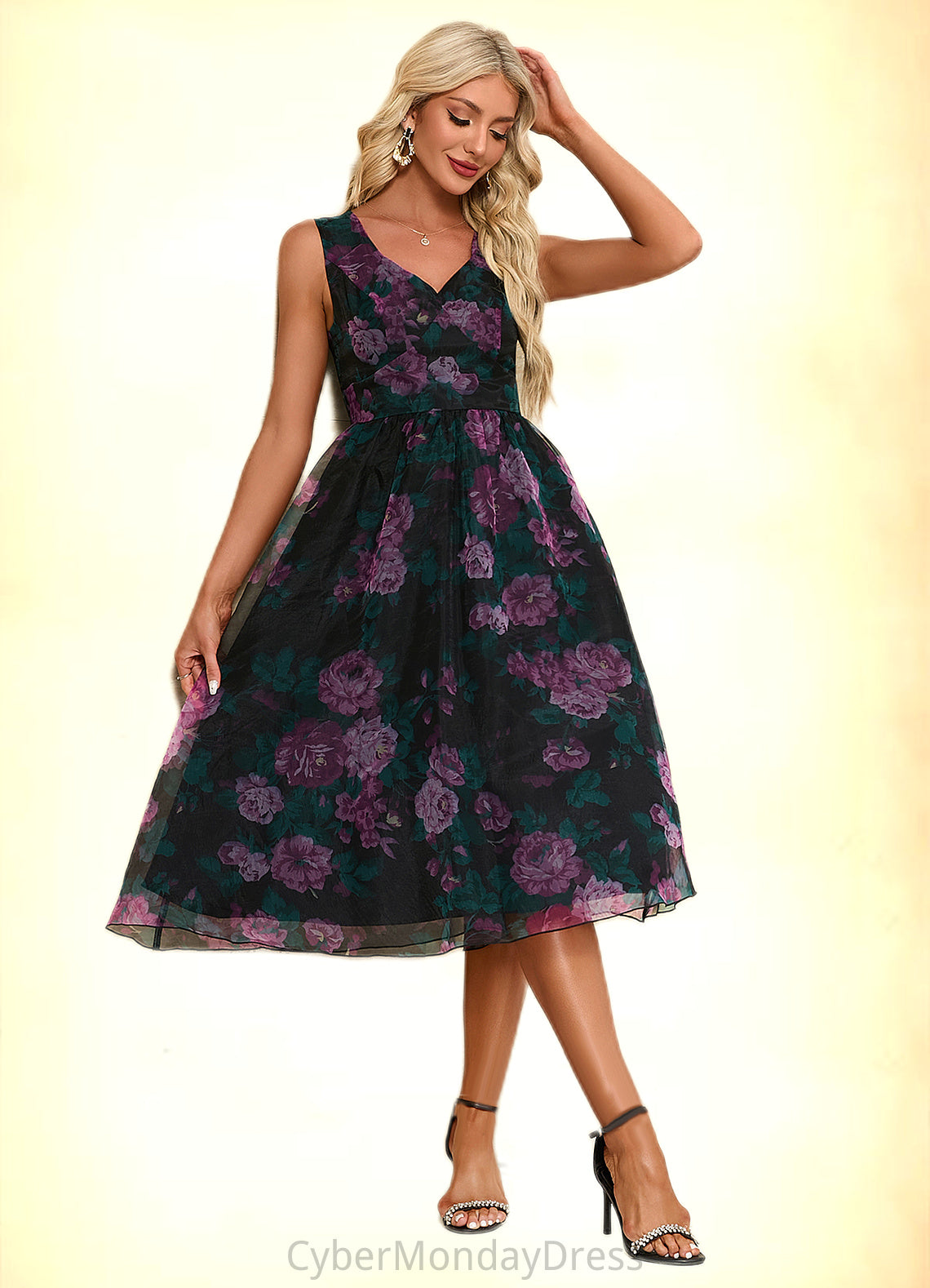 Lori Floral Print Sweetheart Elegant A-line Organza Midi Dresses DTP0022454