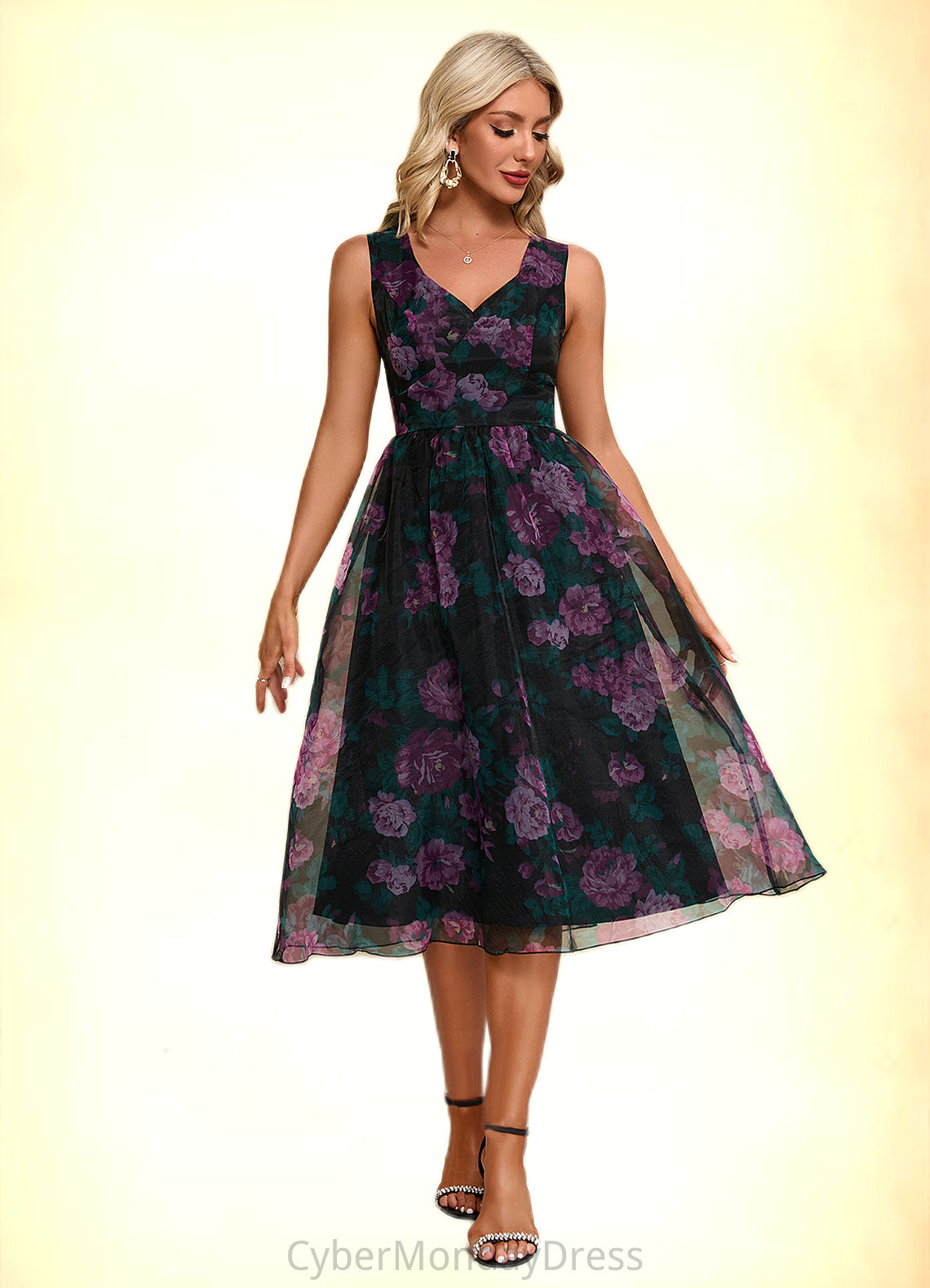 Lori Floral Print Sweetheart Elegant A-line Organza Midi Dresses DTP0022454