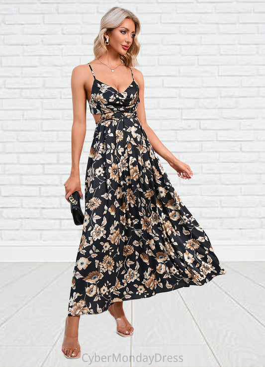 Leia Flower Ruffle Floral Print Cowl Sexy A-line Satin Maxi Dresses DTP0022468