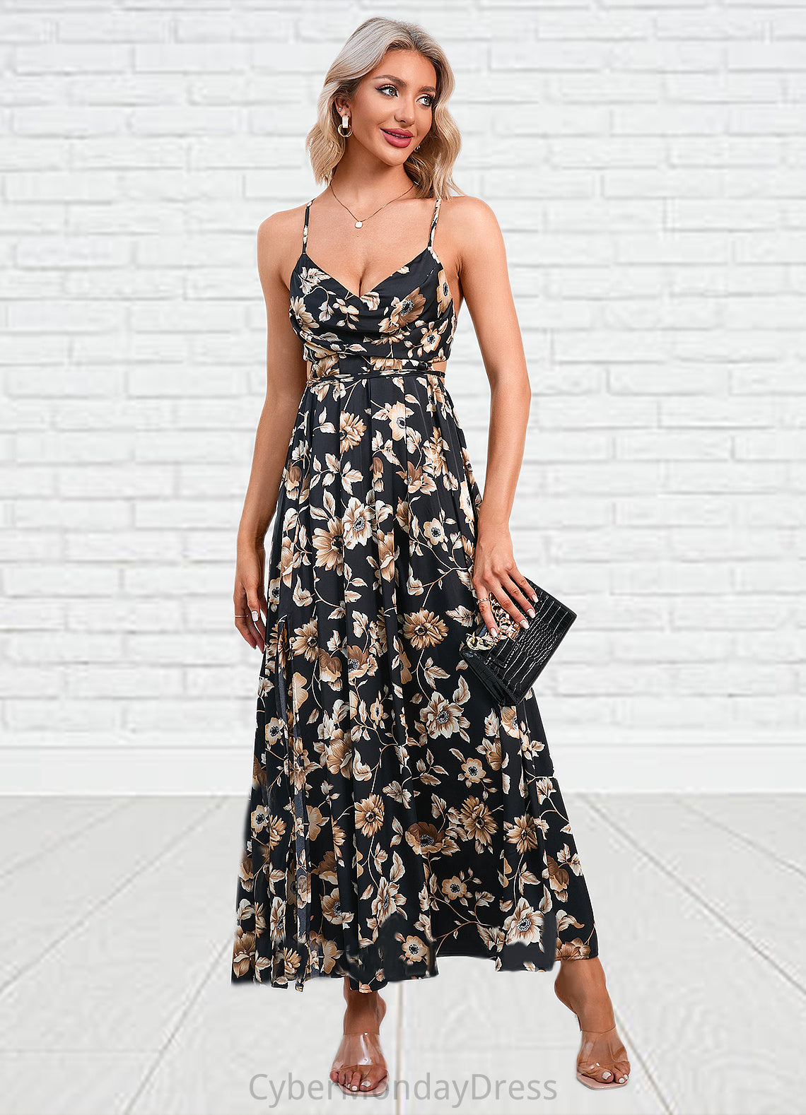 Leia Flower Ruffle Floral Print Cowl Sexy A-line Satin Maxi Dresses DTP0022468