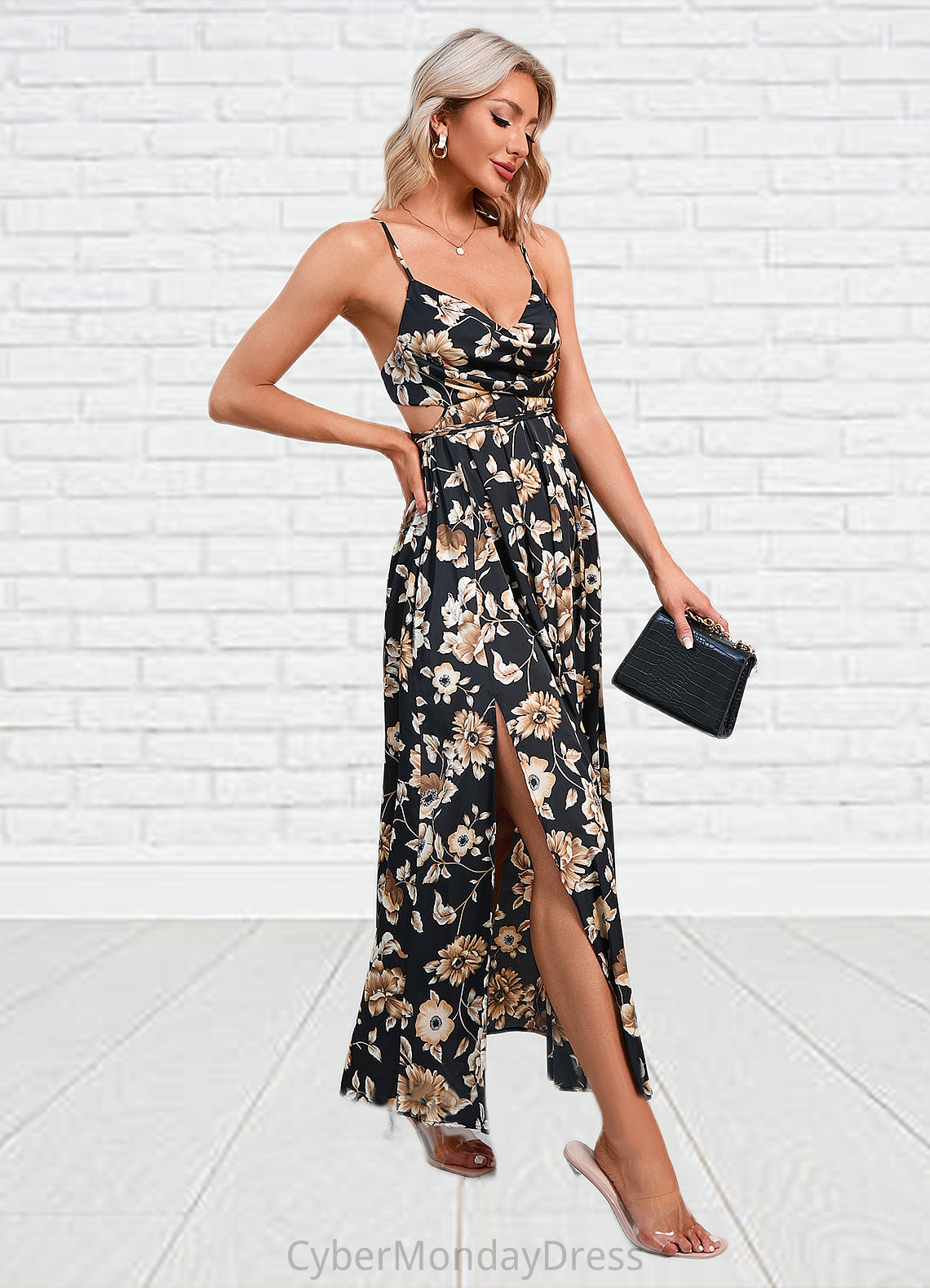 Leia Flower Ruffle Floral Print Cowl Sexy A-line Satin Maxi Dresses DTP0022468