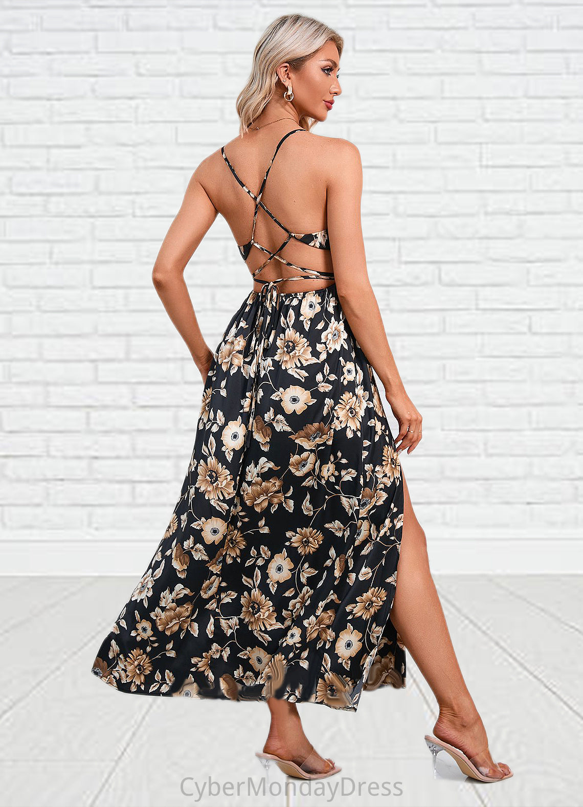 Leia Flower Ruffle Floral Print Cowl Sexy A-line Satin Maxi Dresses DTP0022468