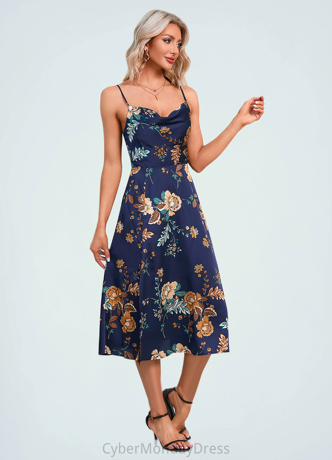 Henrietta Floral Print Cowl Elegant A-line Satin Dresses DTP0022508