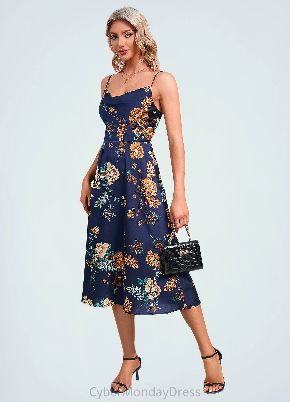 Henrietta Floral Print Cowl Elegant A-line Satin Dresses DTP0022508