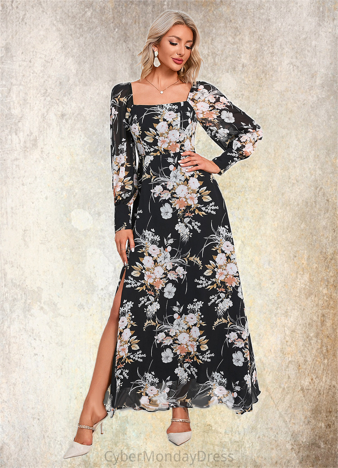 Josie Floral Print Off the Shoulder Elegant A-line Chiffon Maxi Dresses DTP0022515