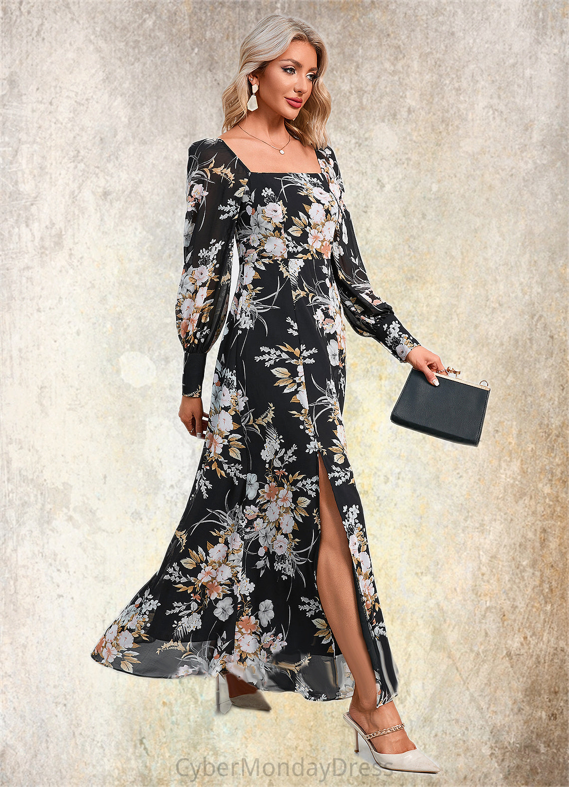 Josie Floral Print Off the Shoulder Elegant A-line Chiffon Maxi Dresses DTP0022515